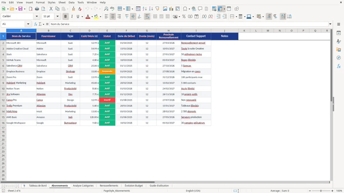 Capture d'écran 2 : Feuille Abonnements - Modèle Excel gestion abonnements excel