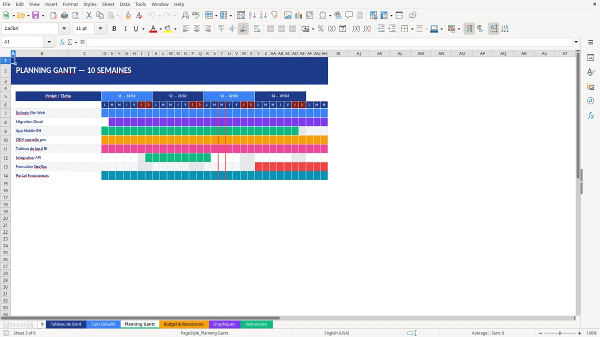 Capture d'écran 3 : Feuille Planning Gantt - Modèle Excel gestion de projets excel