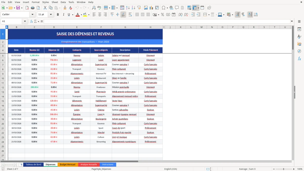 Capture d'écran 2 : Feuille Dépenses - Modèle Excel gestion dépenses personnelles excel