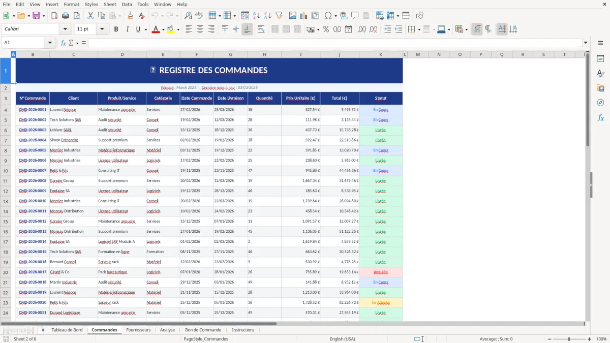Capture d'écran 2 : Feuille Commandes - Modèle Excel gestion des commandes excel