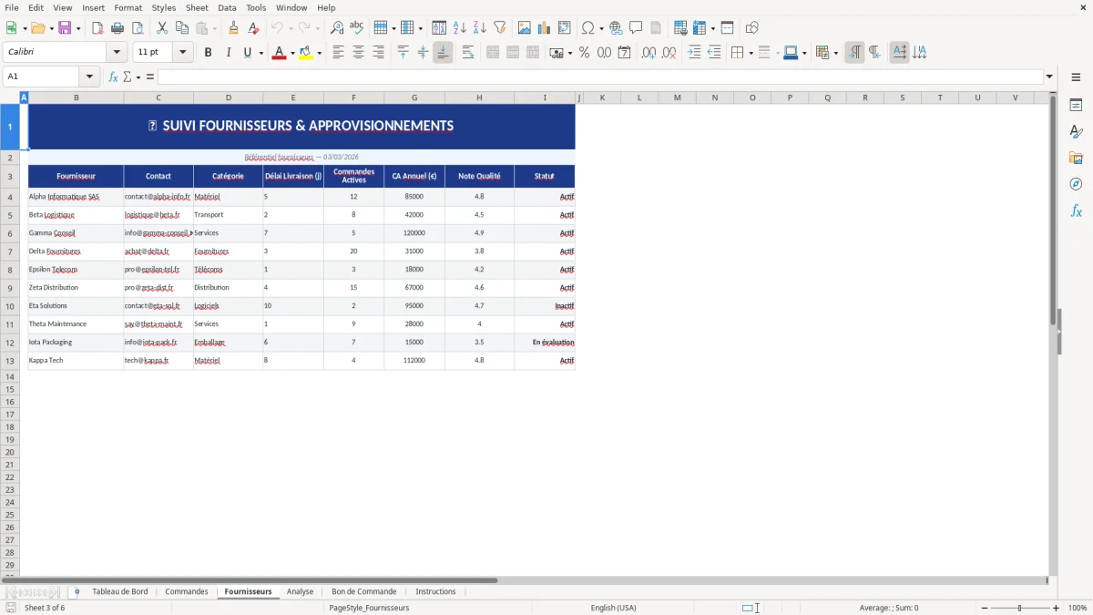 Capture d'écran 3 : Feuille Fournisseurs - Modèle Excel gestion des commandes excel