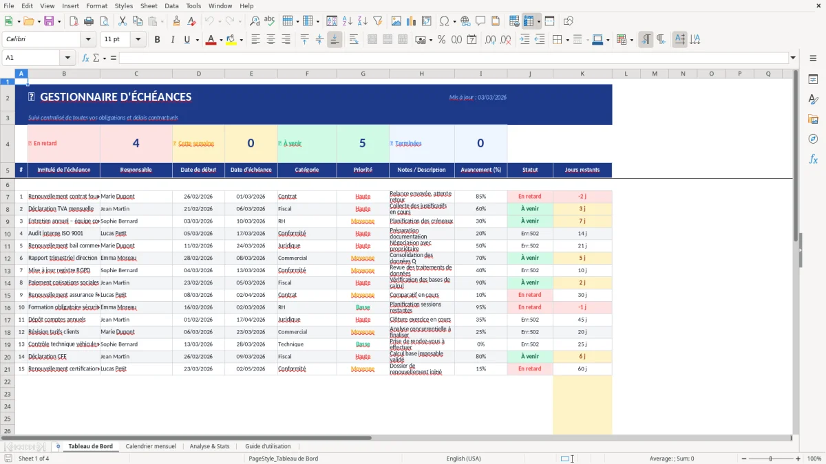Capture d'écran 1 : Feuille Tableau de Bord - Modèle Excel gestion échéances excel