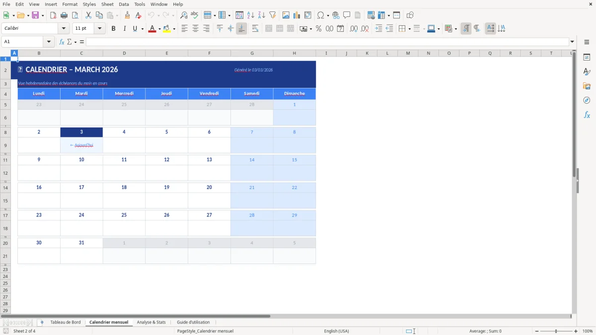 Capture d'écran 2 : Feuille Calendrier mensuel - Modèle Excel gestion échéances excel