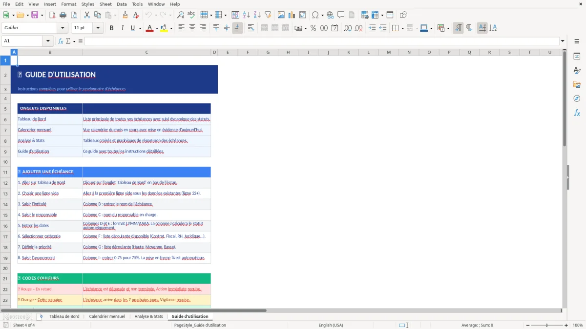 Capture d'écran 4 : Feuille Guide d'utilisation - Modèle Excel gestion échéances excel