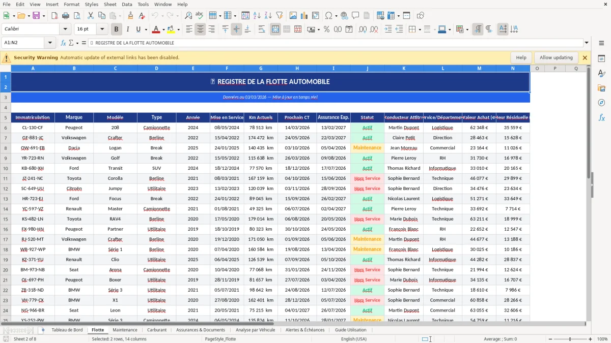 Capture d'écran 2 : Feuille Flotte - Modèle Excel gestion flotte automobile excel