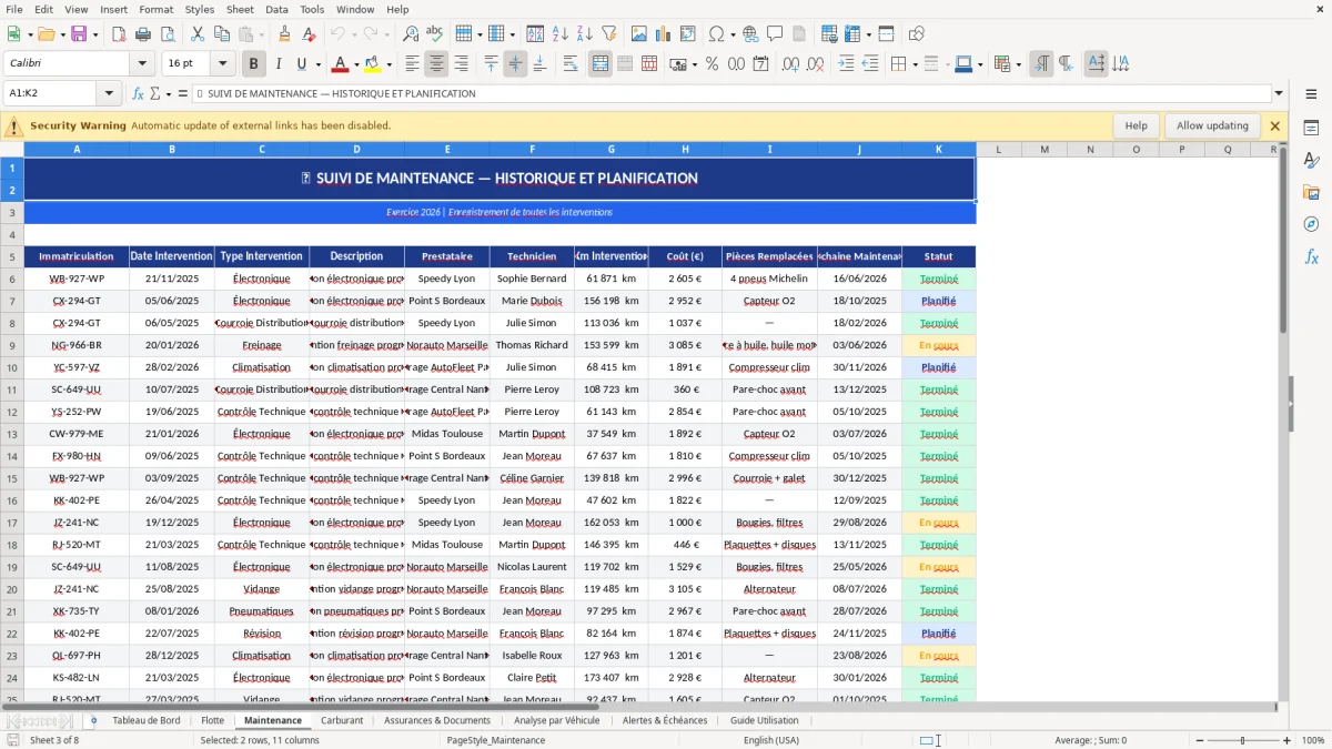Capture d'écran 3 : Feuille Maintenance - Modèle Excel gestion flotte automobile excel