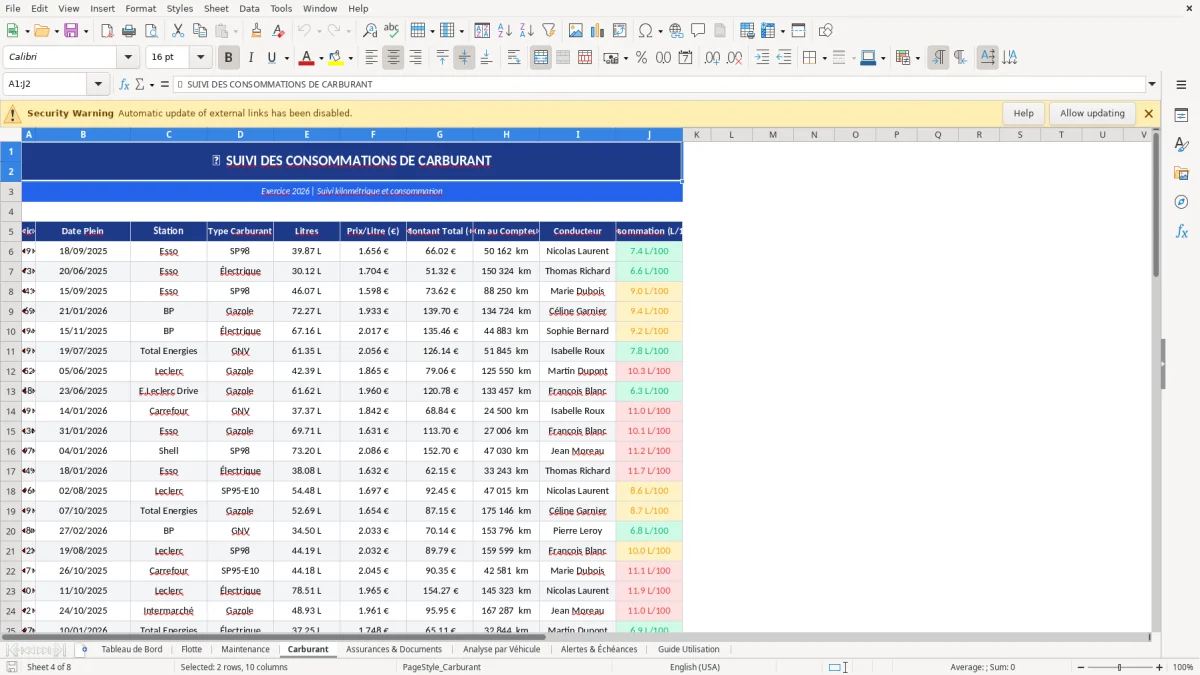 Capture d'écran 4 : Feuille Carburant - Modèle Excel gestion flotte automobile excel
