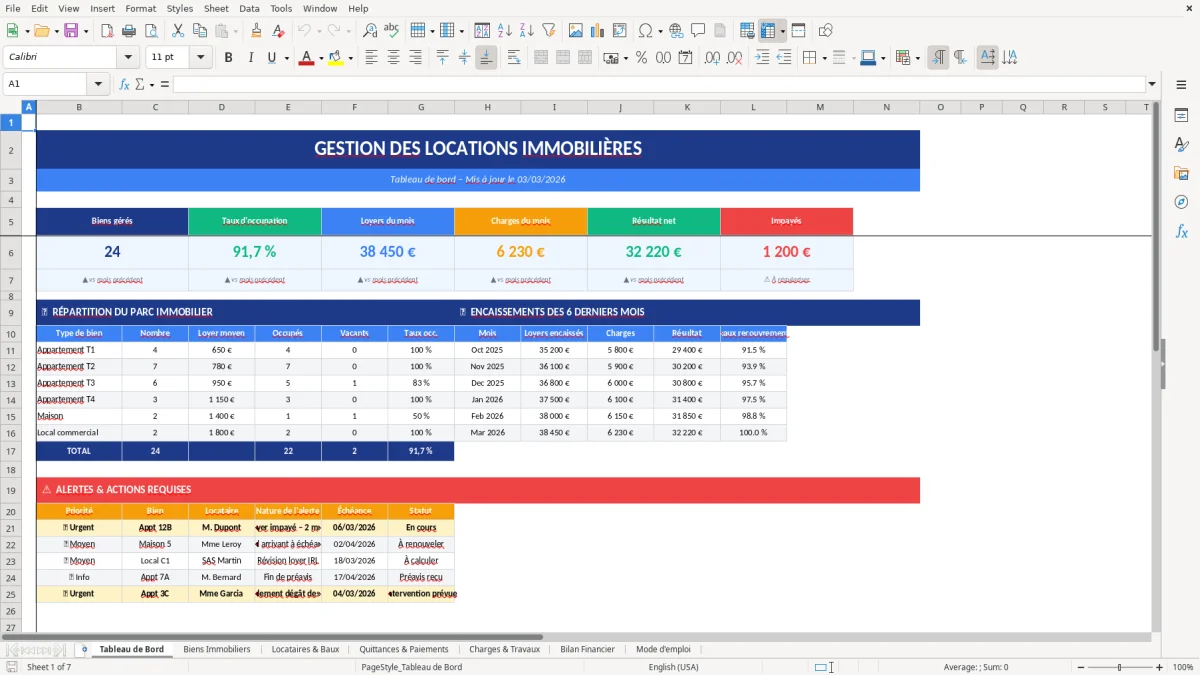 Capture d'écran 1 : Feuille Tableau de Bord - Modèle Excel gestion locations excel