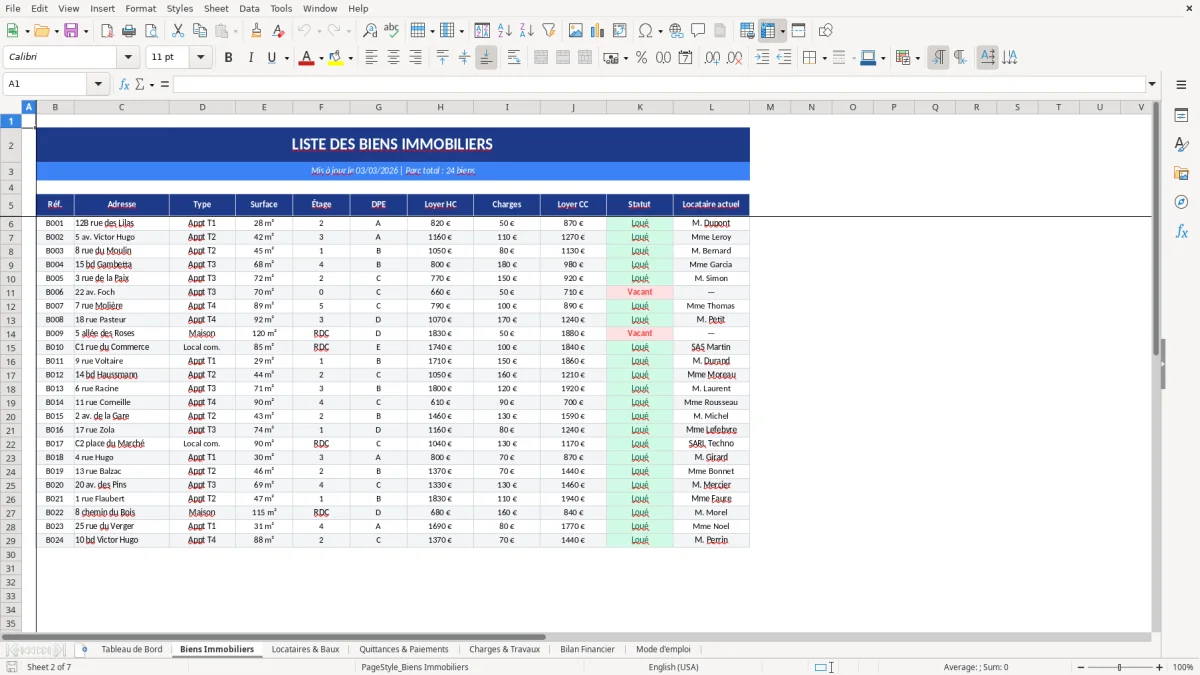 Capture d'écran 2 : Feuille Biens Immobiliers - Modèle Excel gestion locations excel