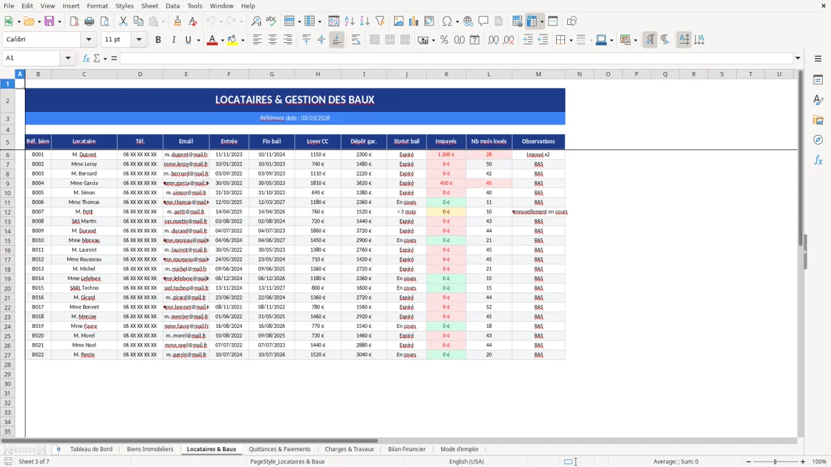 Capture d'écran 3 : Feuille Locataires & Baux - Modèle Excel gestion locations excel