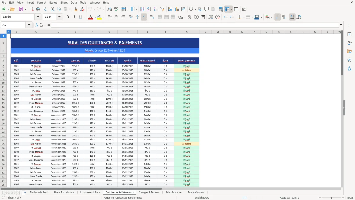 Capture d'écran 4 : Feuille Quittances & Paiements - Modèle Excel gestion locations excel