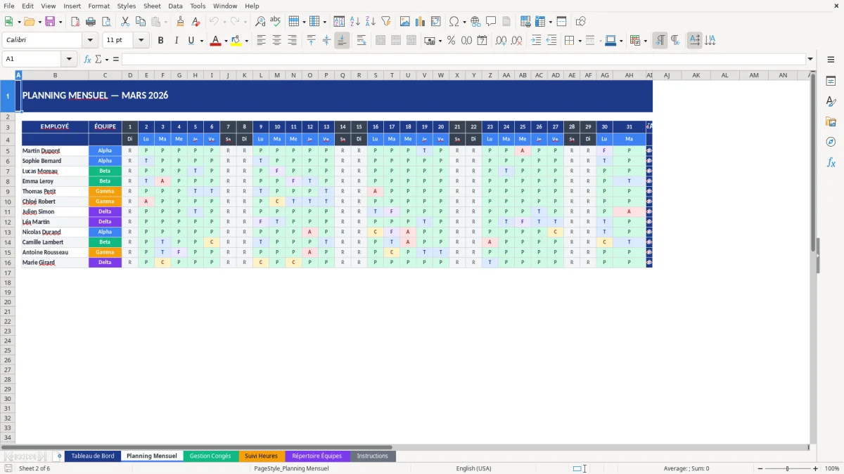 Capture d'écran 2 : Feuille Planning Mensuel - Modèle Excel gestion planning équipes excel