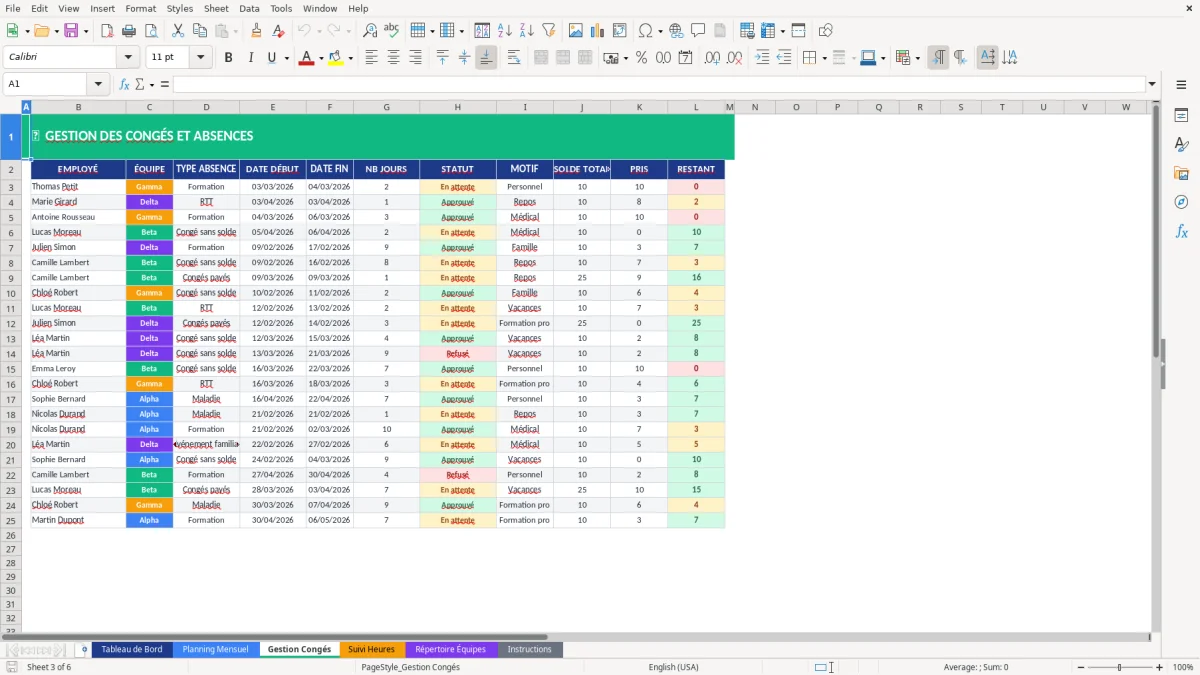 Capture d'écran 3 : Feuille Gestion Congés - Modèle Excel gestion planning équipes excel