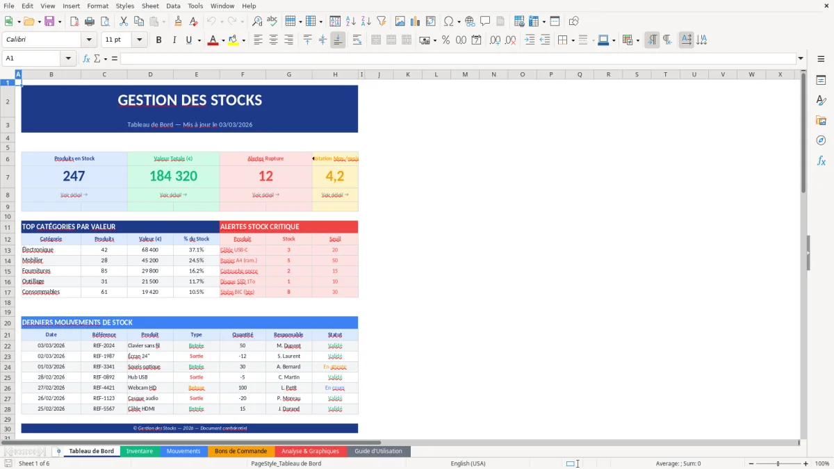Capture d'écran 1 : Feuille Tableau de Bord - Modèle Excel gestion stock excel