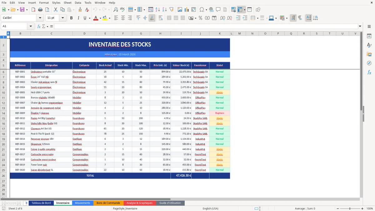 Capture d'écran 2 : Feuille Inventaire - Modèle Excel gestion stock excel