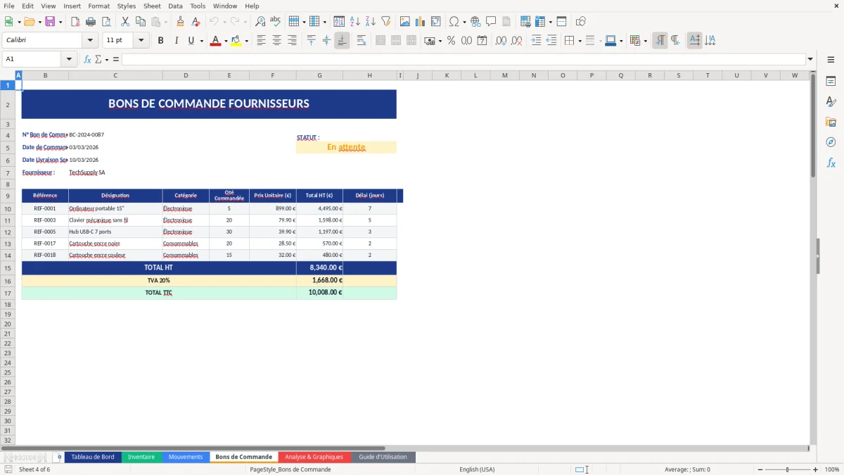 Capture d'écran 4 : Feuille Bons de Commande - Modèle Excel gestion stock excel