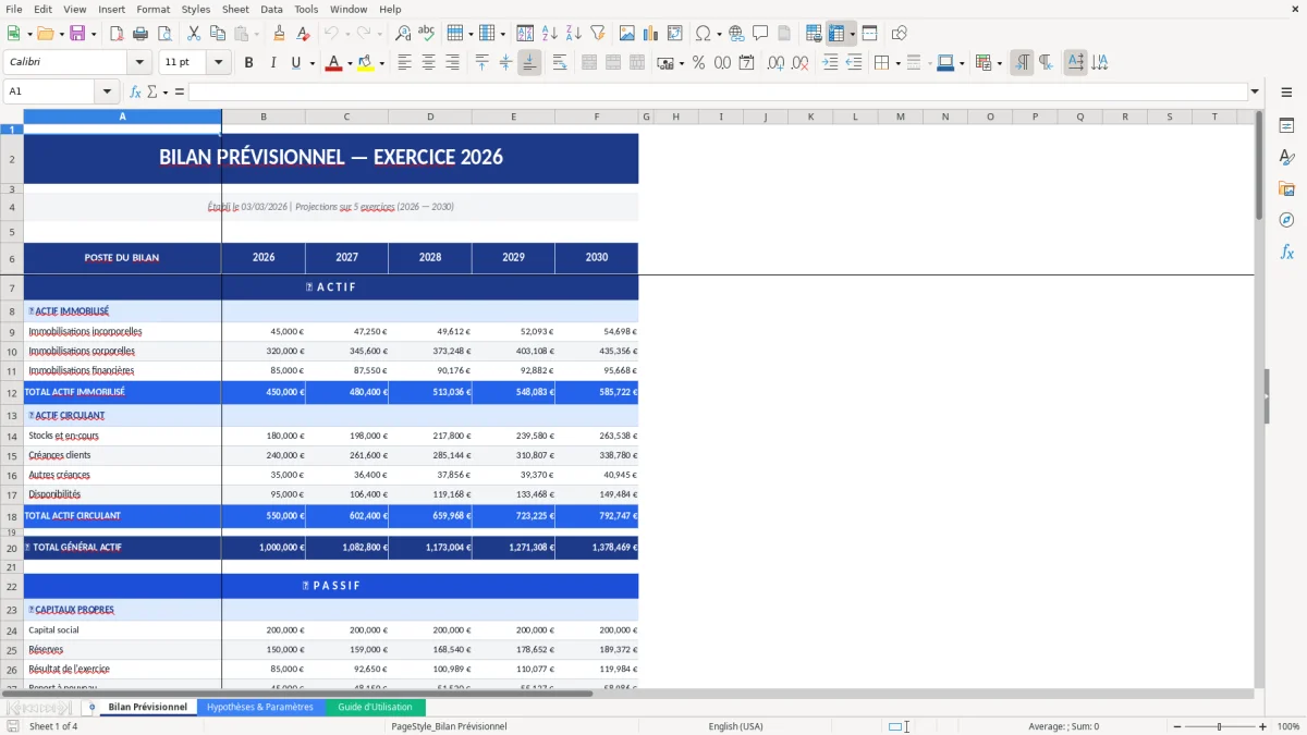 Capture d'écran 1 : Feuille Bilan Prévisionnel - Modèle Excel modèle bilan prévisionnel excel