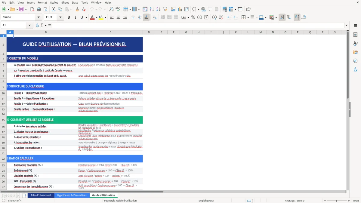 Capture d'écran 3 : Feuille Hypothèses & Paramètres - Modèle Excel modèle bilan prévisionnel excel