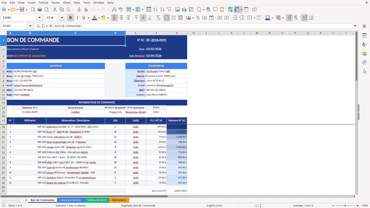 Capture d'écran 1 : Feuille Bon de Commande - Modèle Excel modèle bon de commande excel
