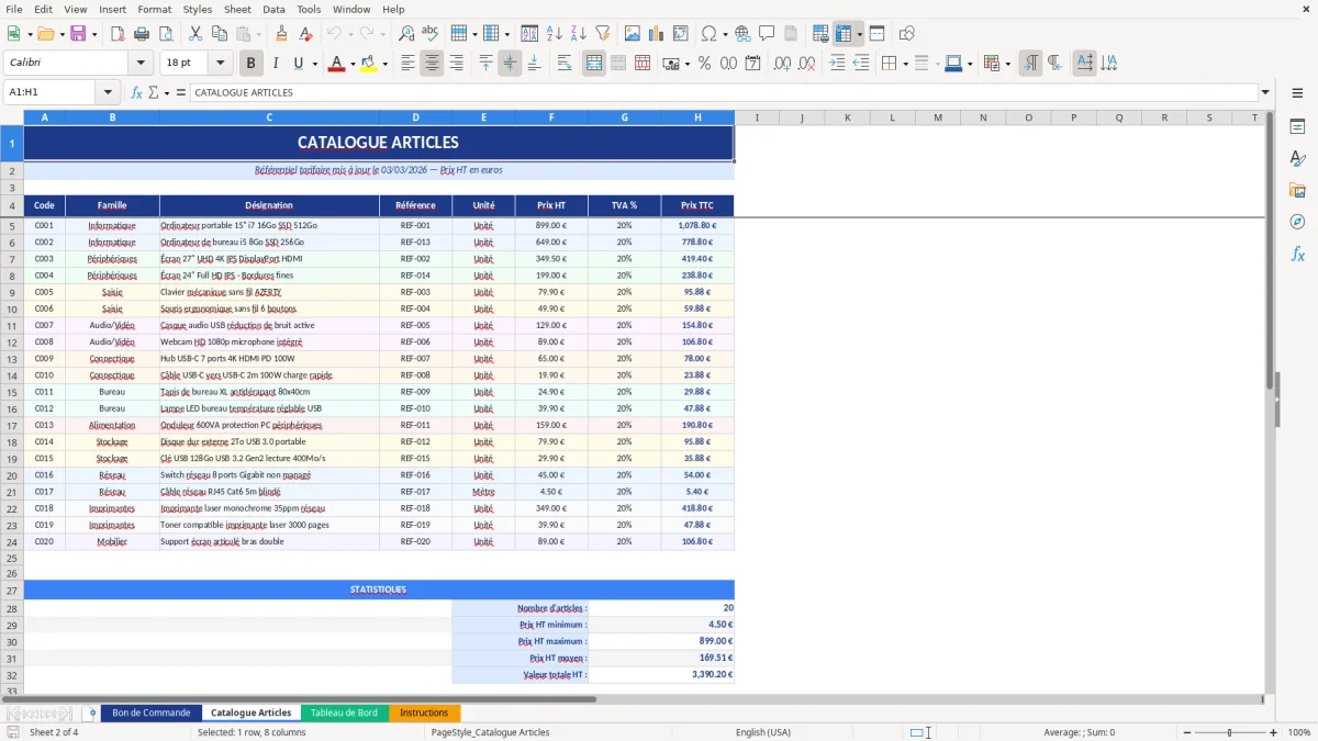 Capture d'écran 2 : Feuille Catalogue Articles - Modèle Excel modèle bon de commande excel