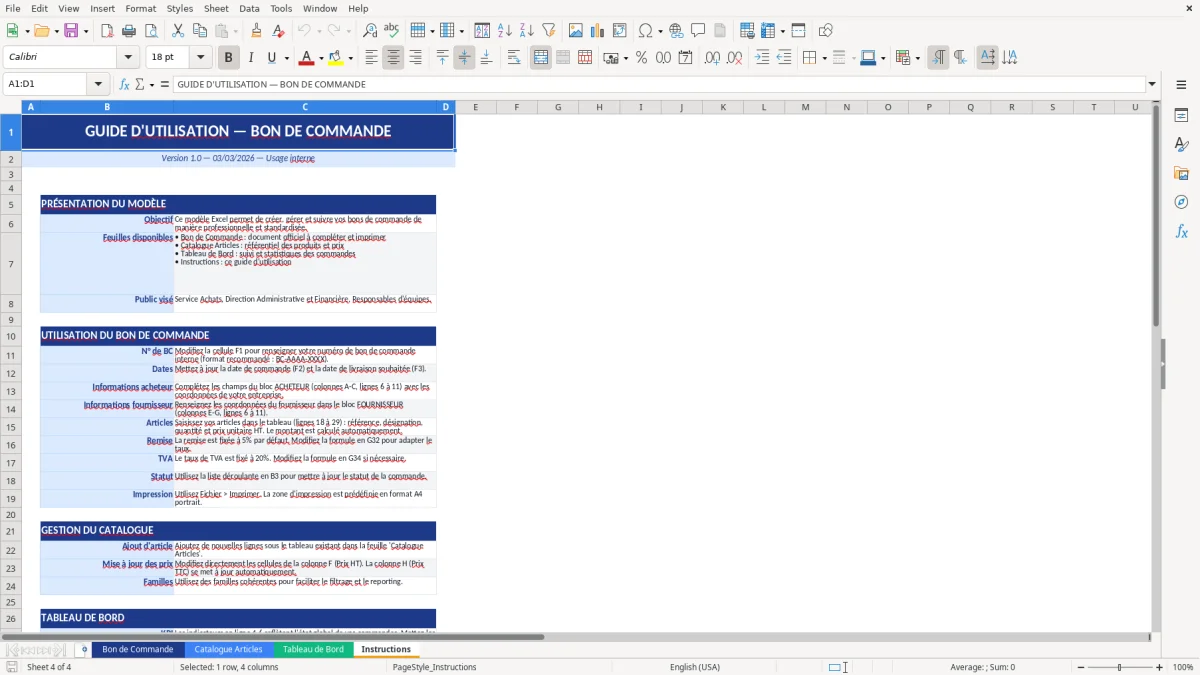 Capture d'écran 4 : Feuille Instructions - Modèle Excel modèle bon de commande excel