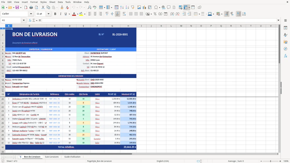 Capture d'écran 1 : Feuille Bon de Livraison - Modèle Excel modèle bon de livraison excel