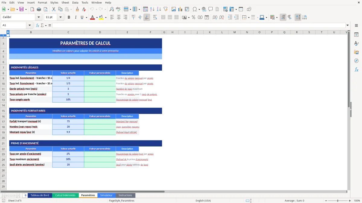 Capture d'écran 2 : Feuille Calcul Indemnités - Modèle Excel modèle calcul indemnités excel