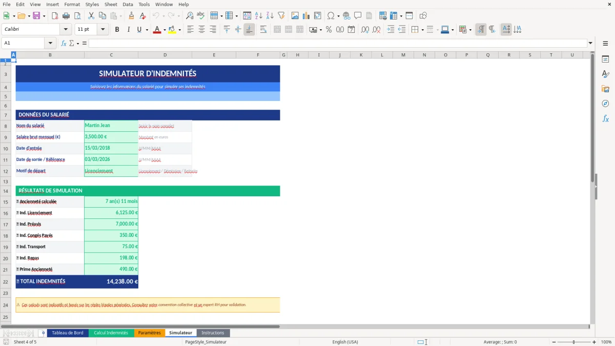 Capture d'écran 3 : Feuille Paramètres - Modèle Excel modèle calcul indemnités excel
