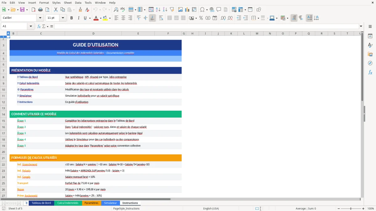 Capture d'écran 4 : Feuille Simulateur - Modèle Excel modèle calcul indemnités excel