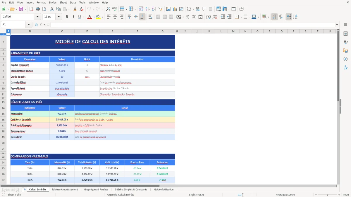 Capture d'écran 1 : Feuille Calcul Intérêts - Modèle Excel modèle calcul intérêts excel