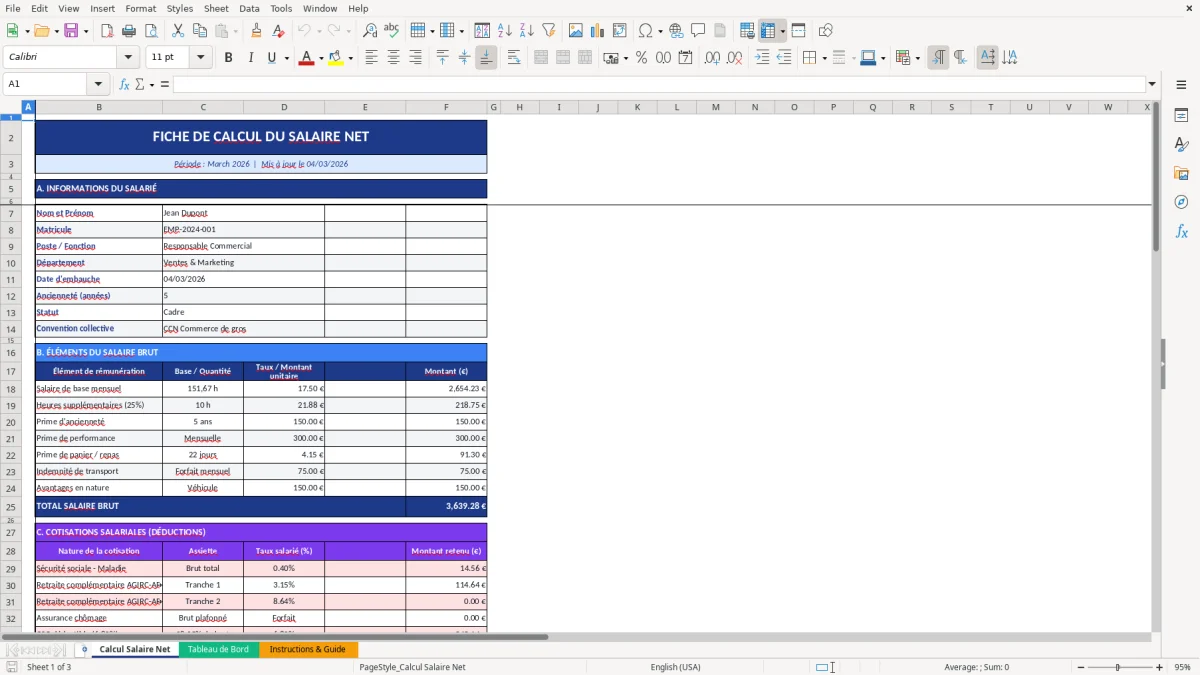 Capture d'écran 1 : Feuille Calcul Salaire Net - Modèle Excel modèle calcul salaire net excel