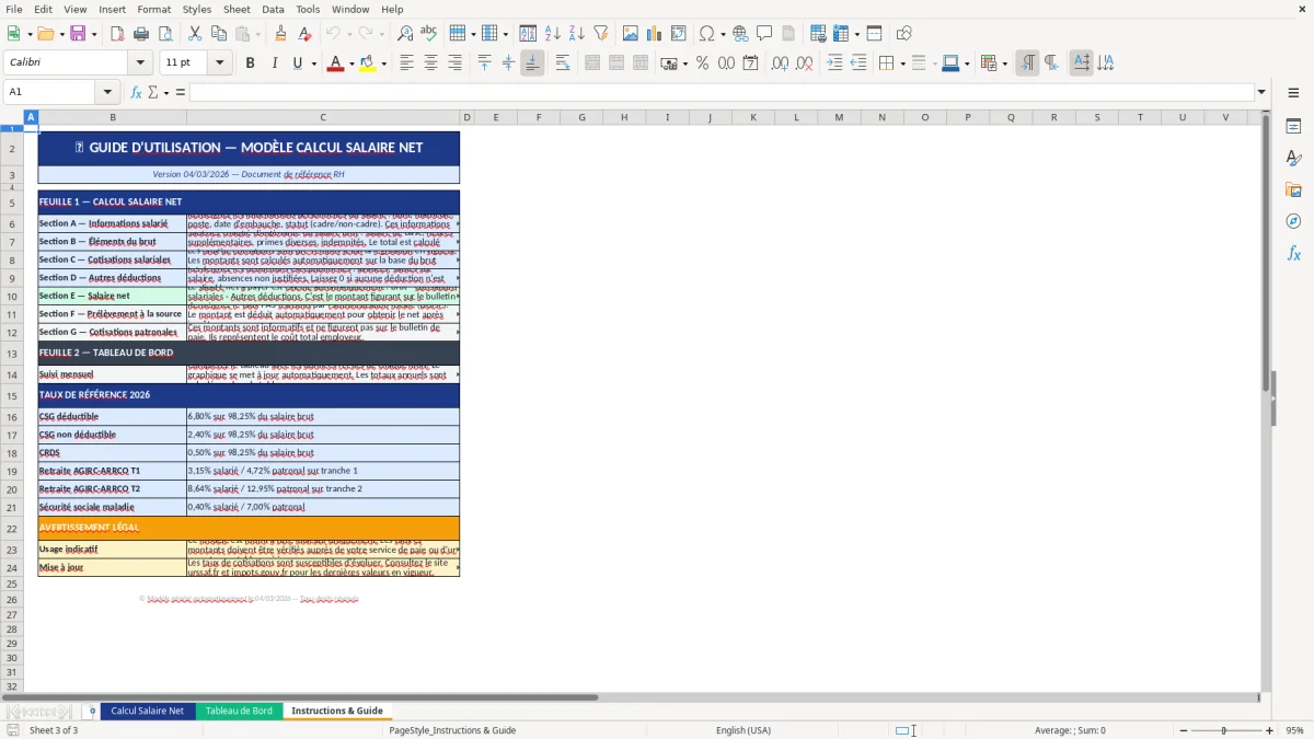 Capture d'écran 3 : Feuille Instructions & Guide - Modèle Excel modèle calcul salaire net excel