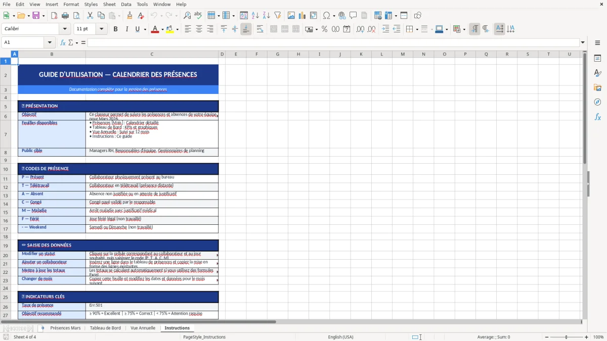 Capture d'écran 4 : Feuille Instructions - Modèle Excel modèle calendrier présences excel
