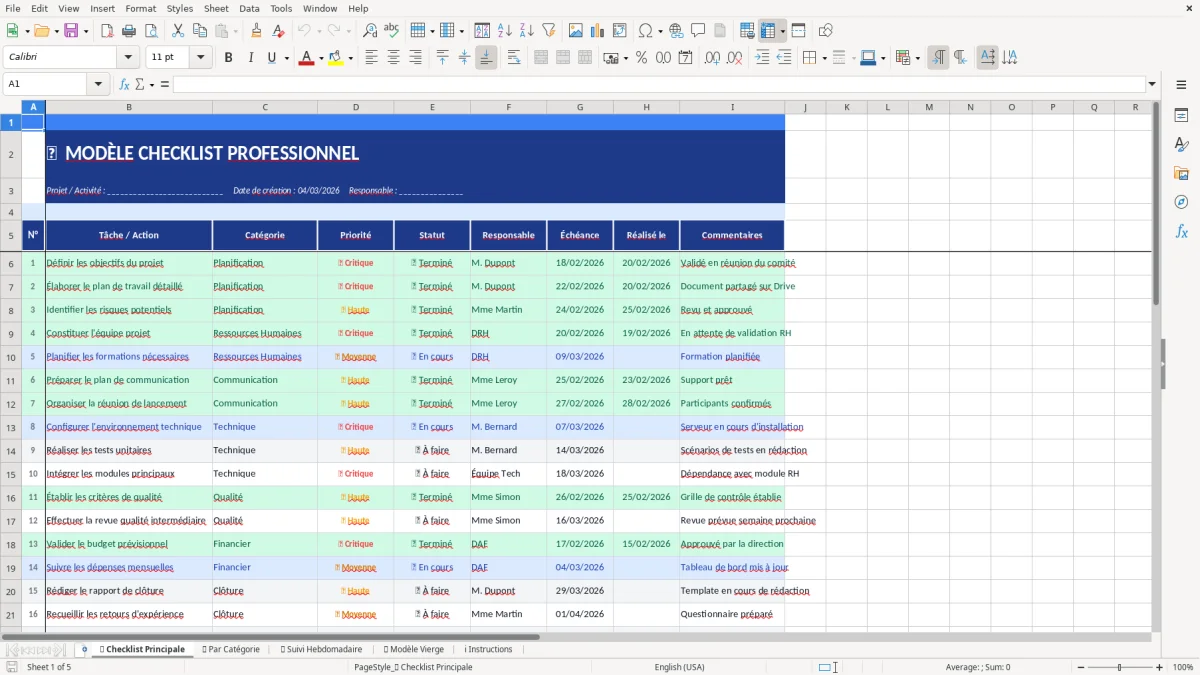 Capture d'écran 1 : Feuille ✅ Checklist Principale - Modèle Excel modèle checklist excel