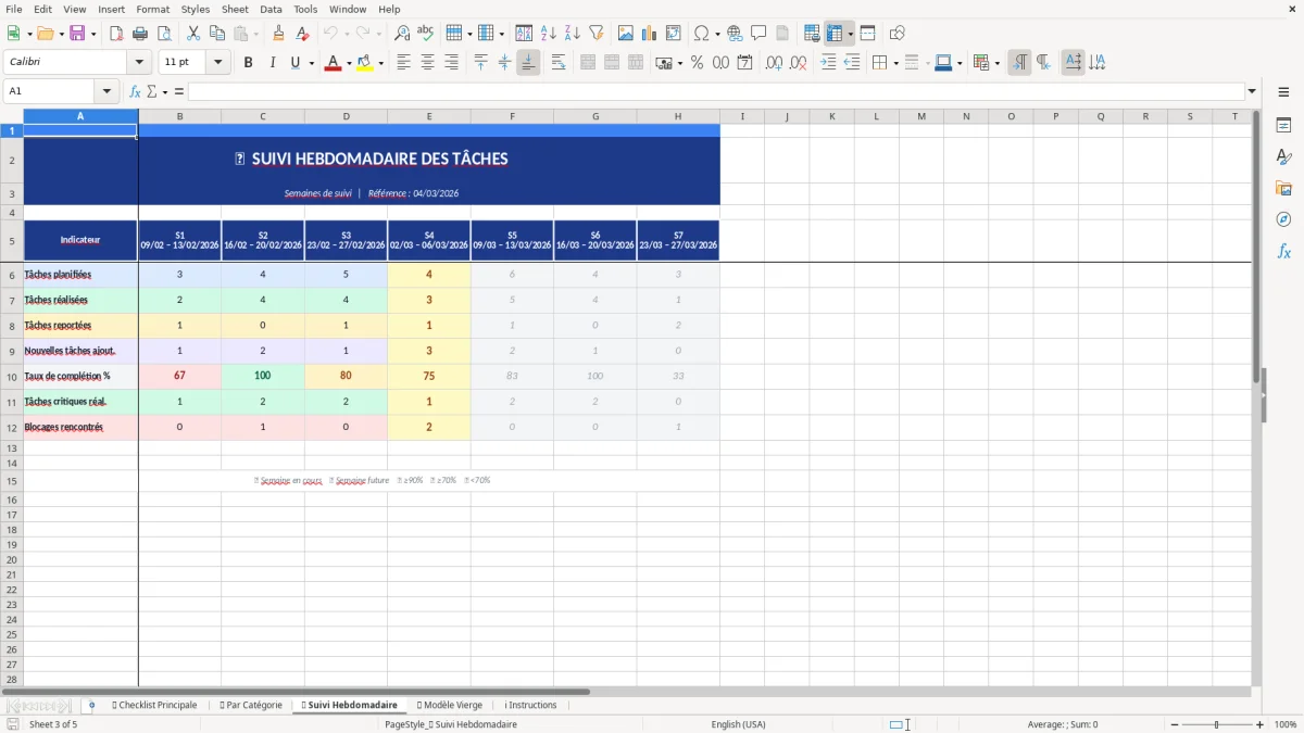 Capture d'écran 3 : Feuille 📅 Suivi Hebdomadaire - Modèle Excel modèle checklist excel