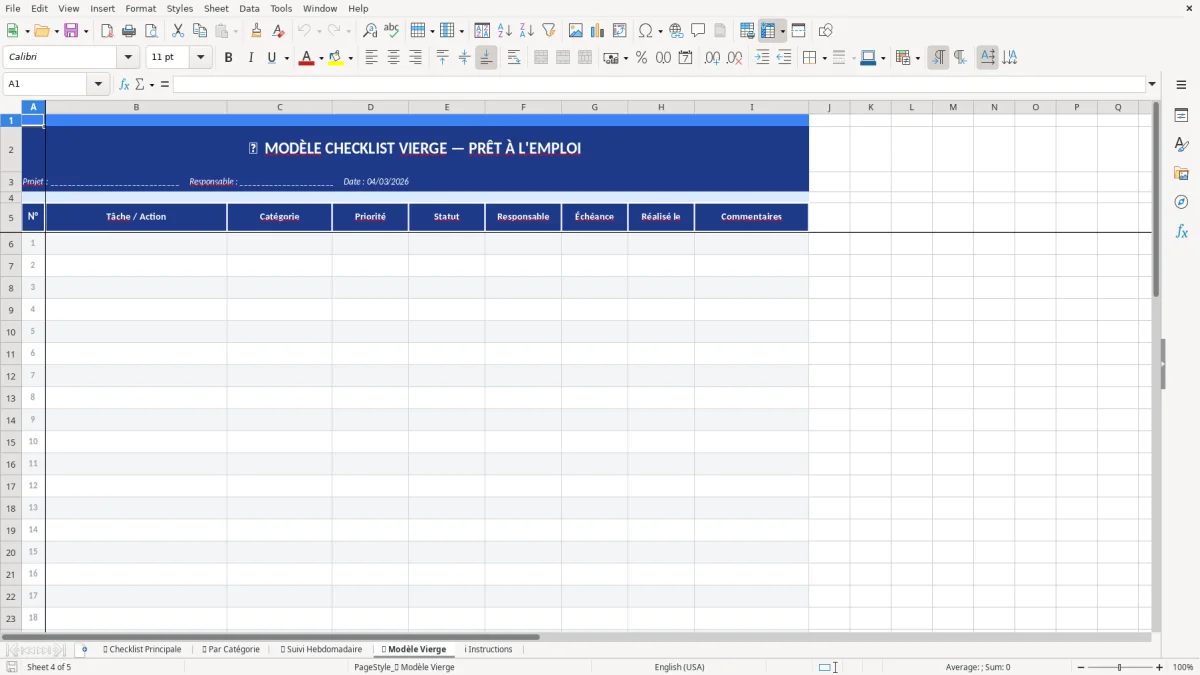 Capture d'écran 4 : Feuille 📝 Modèle Vierge - Modèle Excel modèle checklist excel