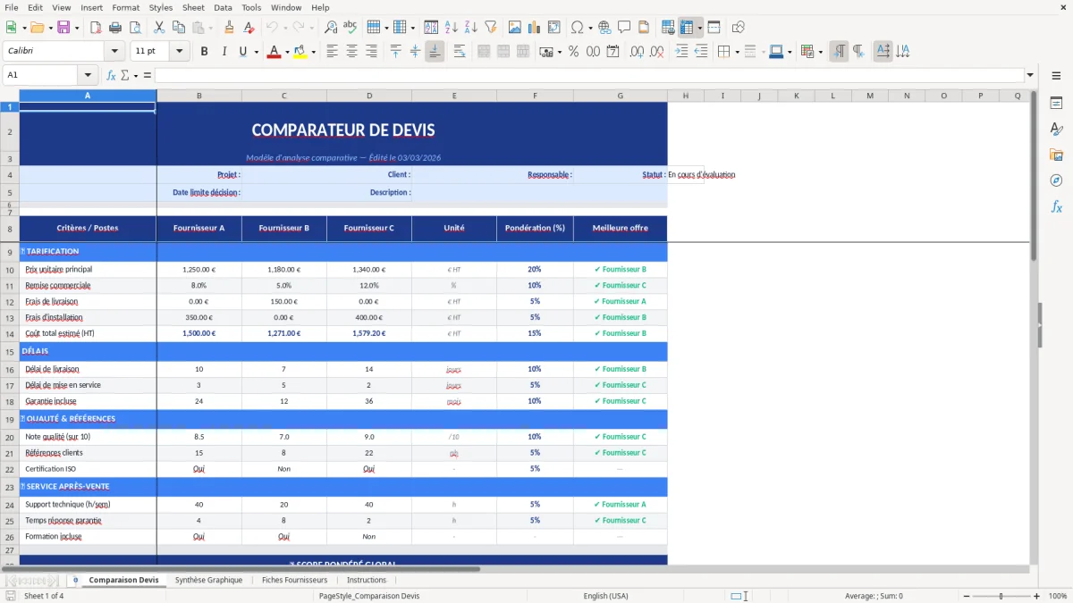 Capture d'écran 1 : Feuille Comparaison Devis - Modèle Excel modèle comparaison devis excel