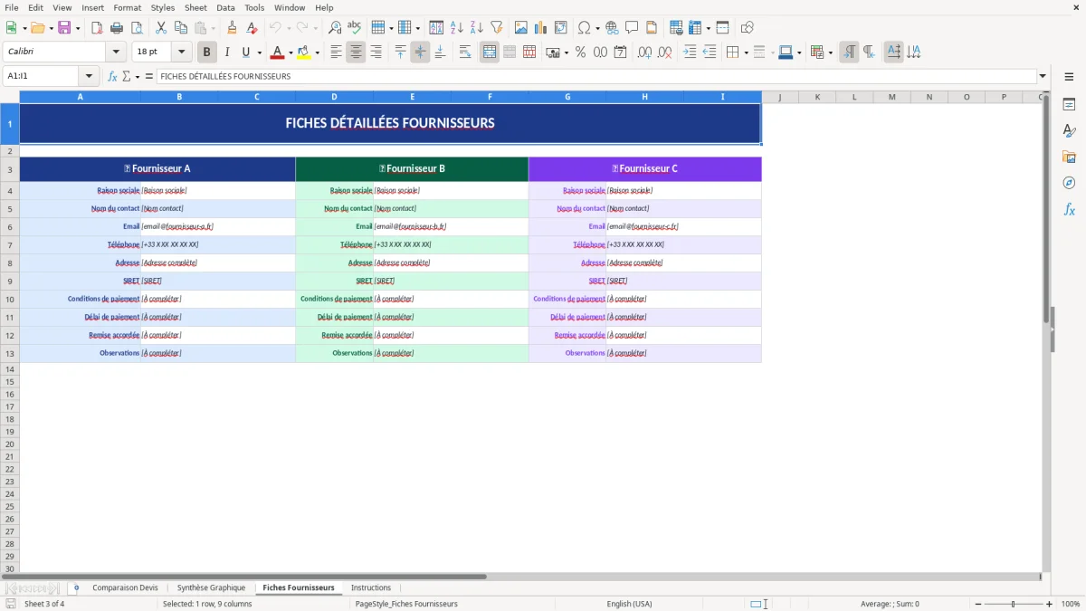 Capture d'écran 3 : Feuille Fiches Fournisseurs - Modèle Excel modèle comparaison devis excel