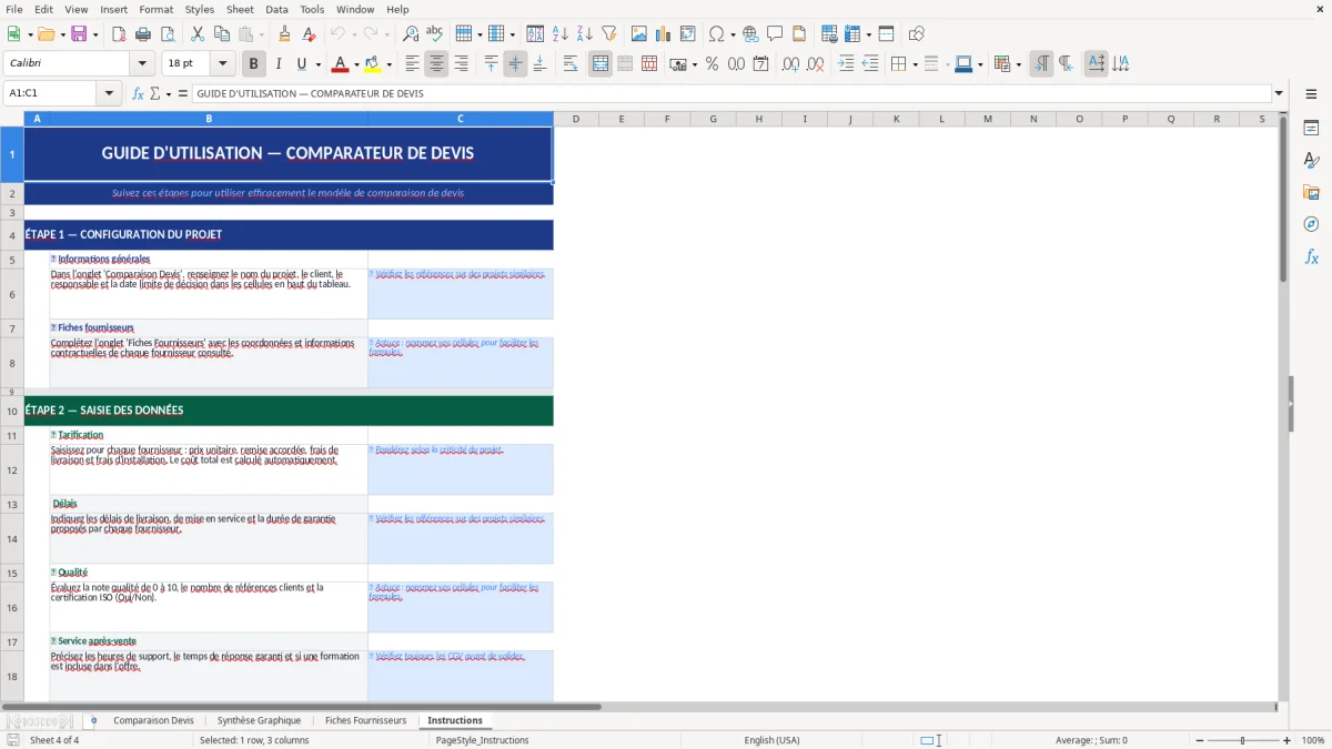 Capture d'écran 4 : Feuille Instructions - Modèle Excel modèle comparaison devis excel