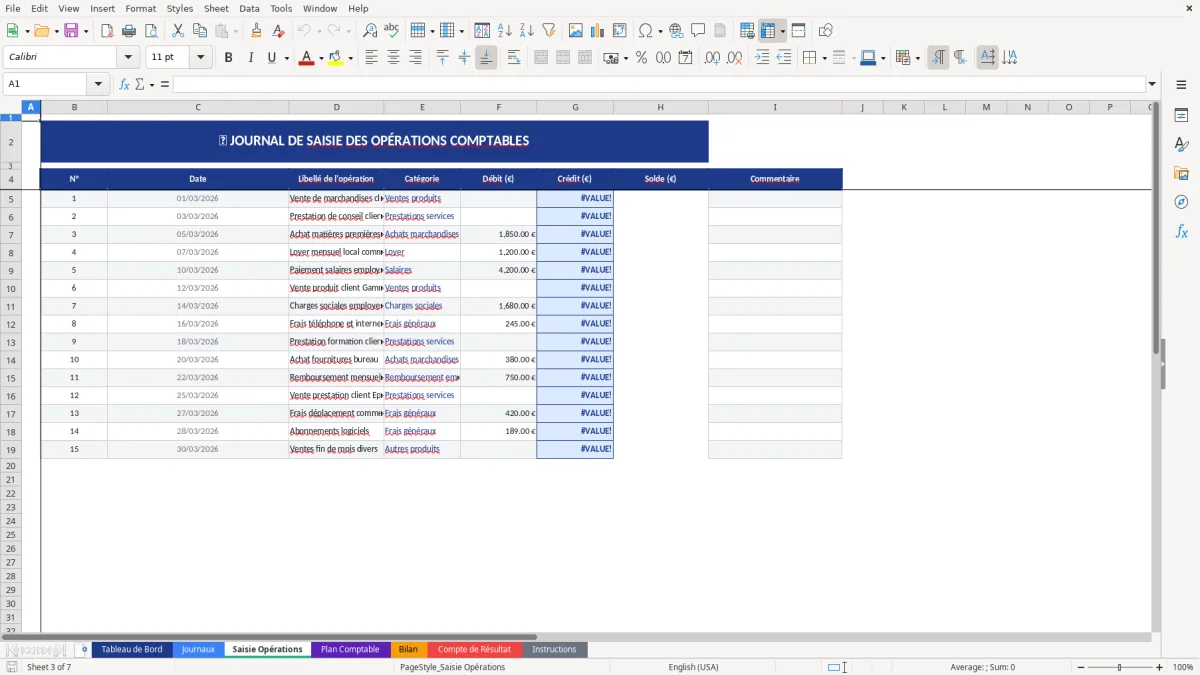 Capture d'écran 3 : Feuille Saisie Opérations - Modèle Excel modèle comptabilité simplifiée excel