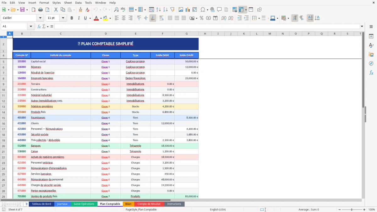 Capture d'écran 4 : Feuille Plan Comptable - Modèle Excel modèle comptabilité simplifiée excel