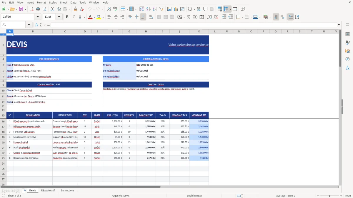 Capture d'écran 1 : Feuille Devis - Modèle Excel modèle devis excel