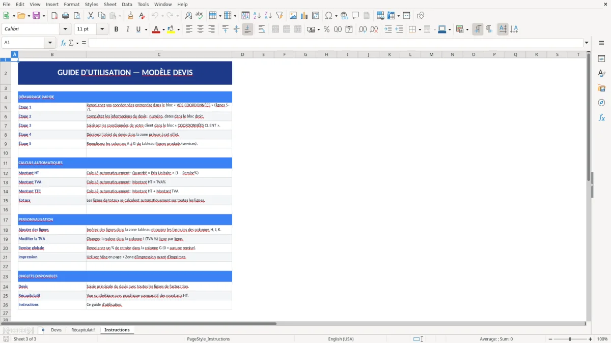 Capture d'écran 3 : Feuille Instructions - Modèle Excel modèle devis excel