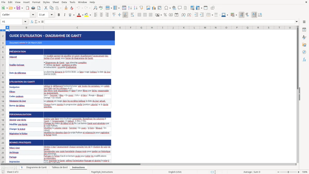 Capture d'écran 3 : Feuille Instructions - Modèle Excel modèle diagramme de gantt excel