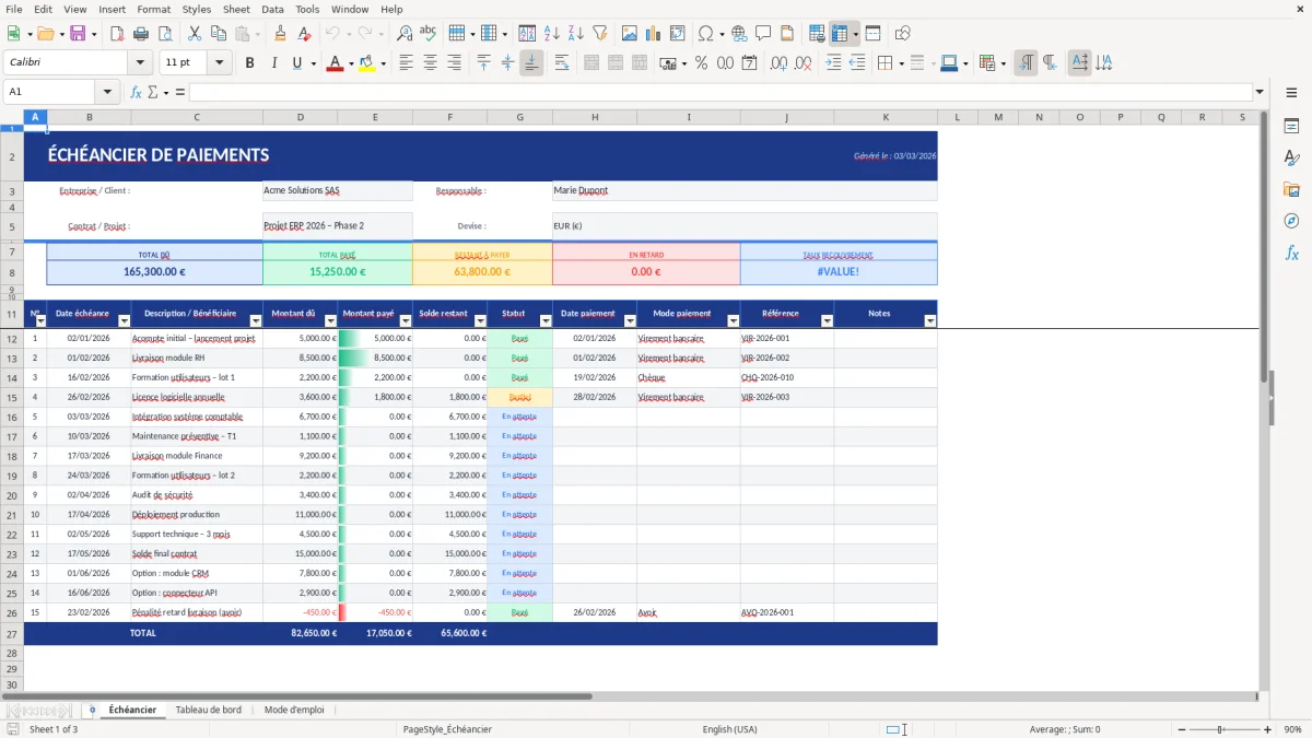 Capture d'écran 1 : Feuille Échéancier - Modèle Excel modèle échéancier paiements excel