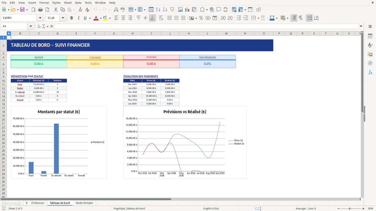 Capture d'écran 2 : Feuille Tableau de bord - Modèle Excel modèle échéancier paiements excel