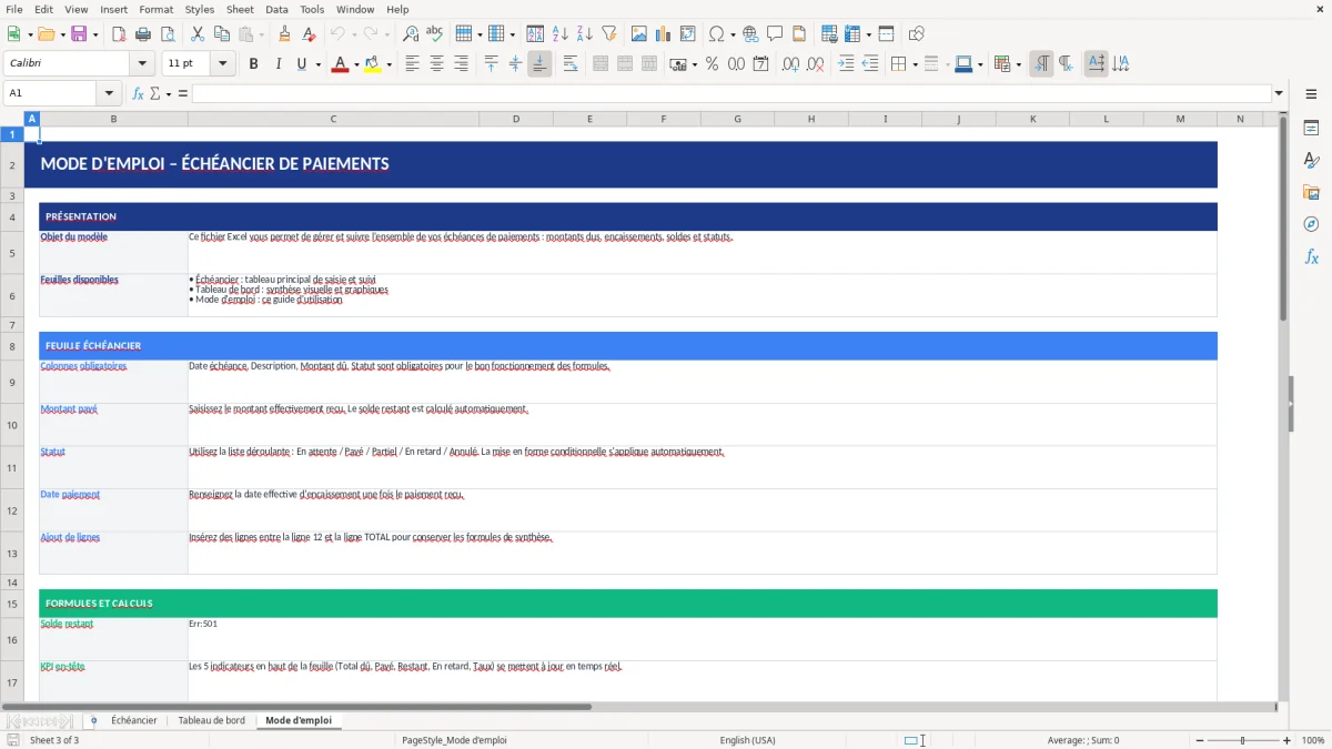 Capture d'écran 3 : Feuille Mode d'emploi - Modèle Excel modèle échéancier paiements excel