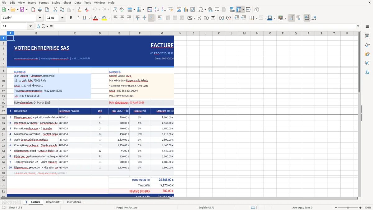 Capture d'écran 1 : Feuille Facture - Modèle Excel modèle facture excel