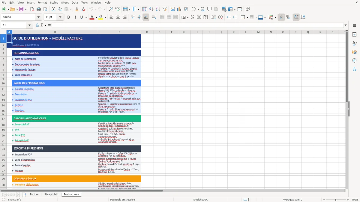 Capture d'écran 3 : Feuille Instructions - Modèle Excel modèle facture excel