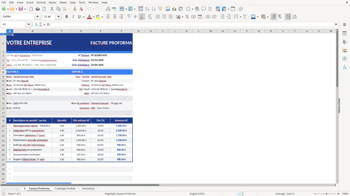 Capture d'écran 1 : Feuille Facture Proforma - Modèle Excel modèle facture proforma excel